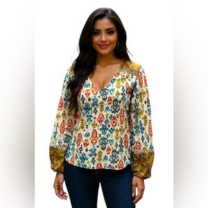 Farmers Market Multicolor Bohemian Print Top Crochet Detail Casual Size XL